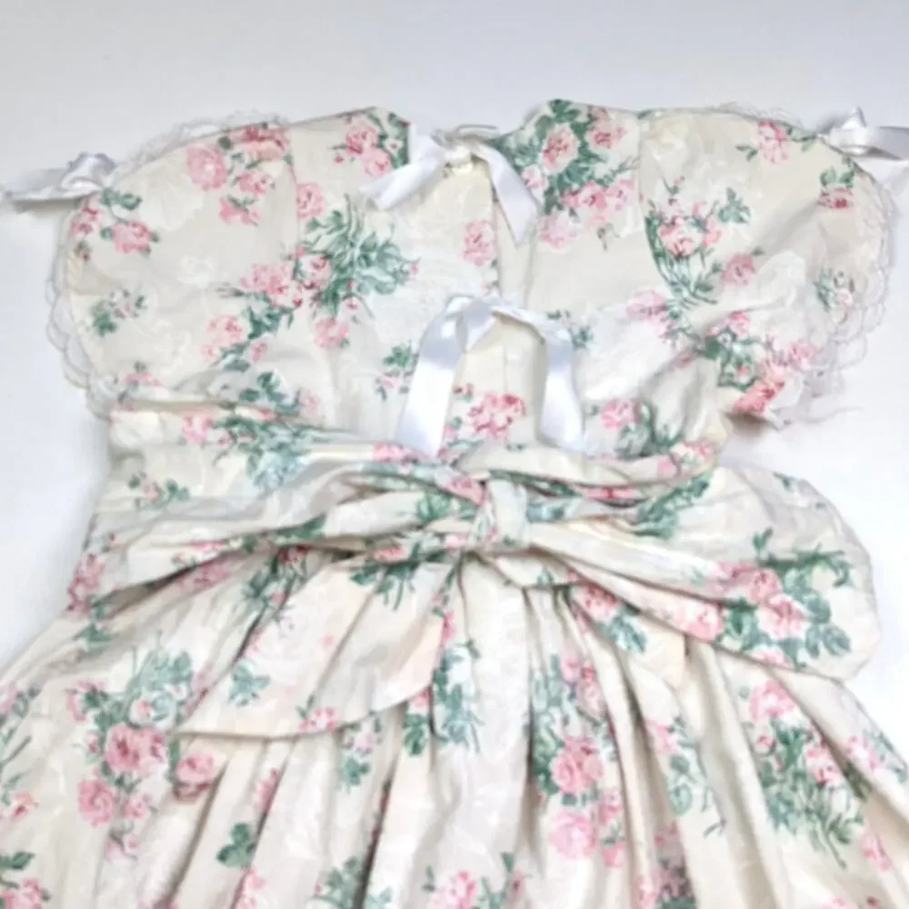 Vintage Handmade Dress Girls Size 10 Cream Floral Party Fancy Dainty Cottagecore